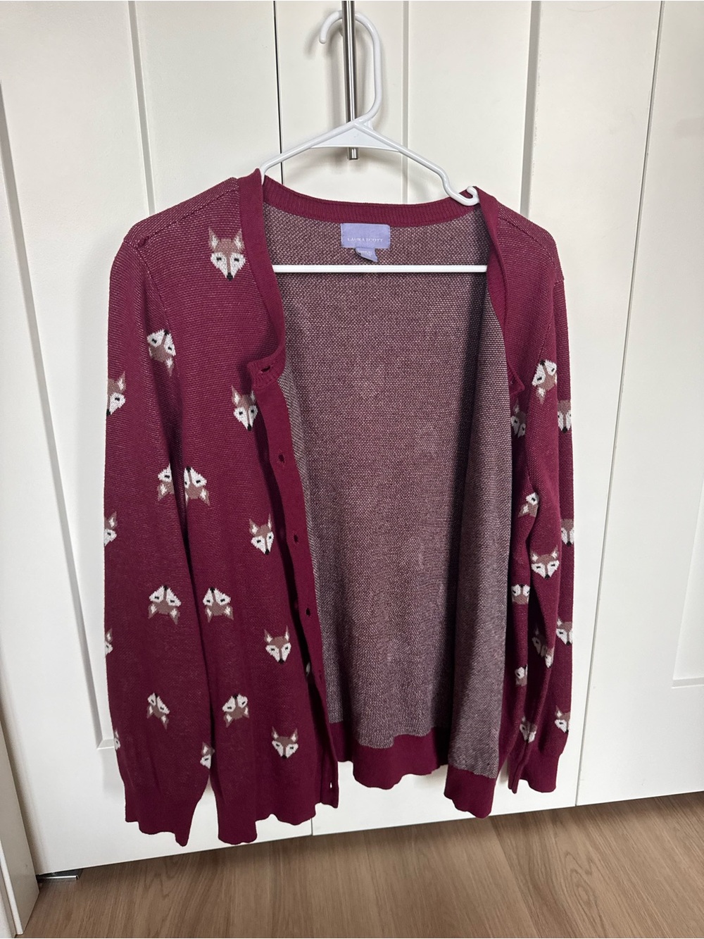 Laura Scott Burgundy Fox-Print Open Cardigan